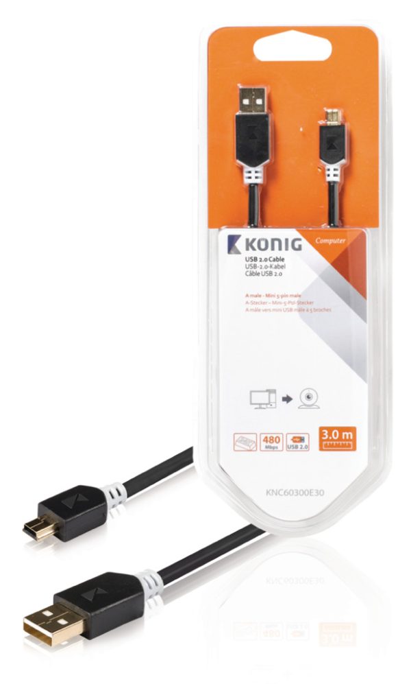 KÖNig König Knc60300E30 Usb 2.0 Kabel A Male - Mini 5-Pins Male 3,00 M Grijs